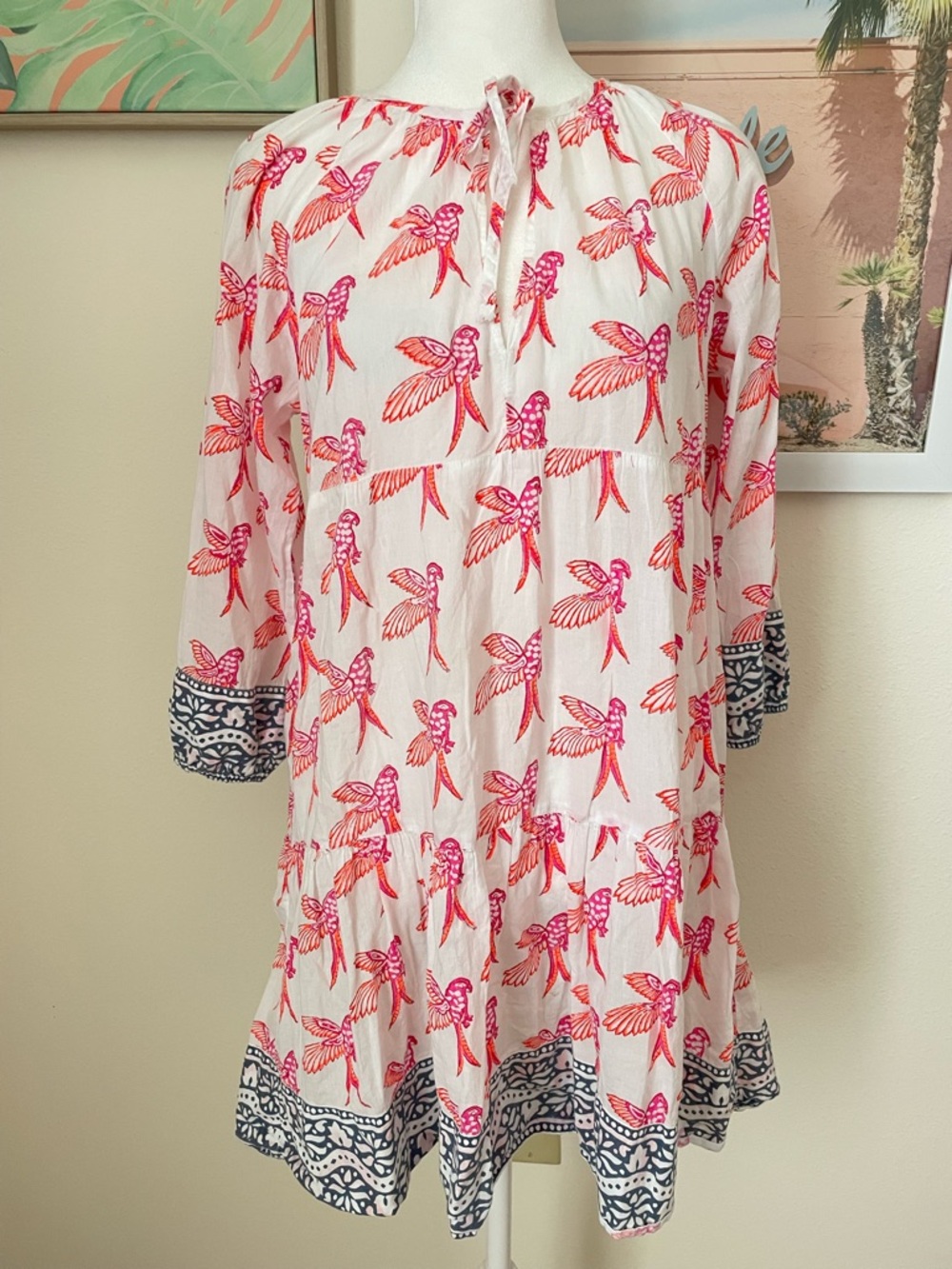 SZ Blockprints Priya Hummingbird Coverup Dress Cotton Boho Coastal Small